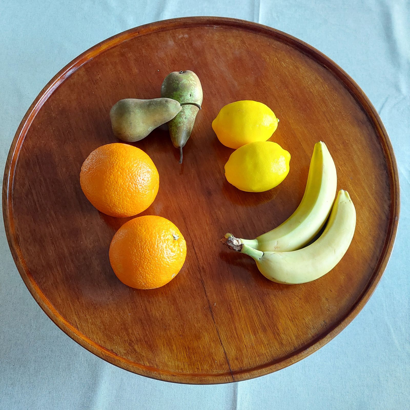 395.0 Early Mid Century Teak Lazy Susan Large Art Deco Centerpiece Revolving Serving Tray, 40s photo