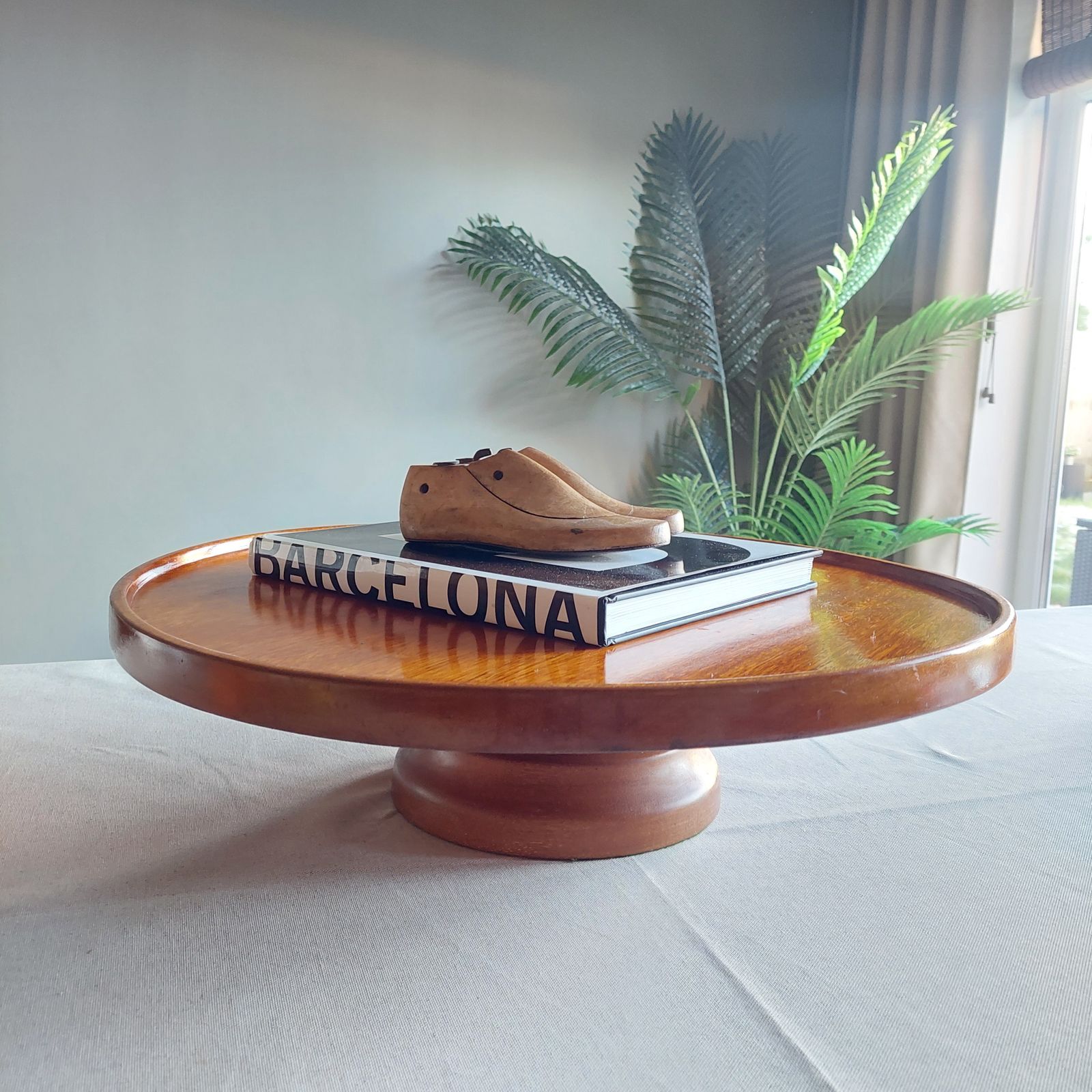 Early Mid Century Teak Lazy Susan Large Art Deco Centerpiece Revolving Serving Tray, 40s
