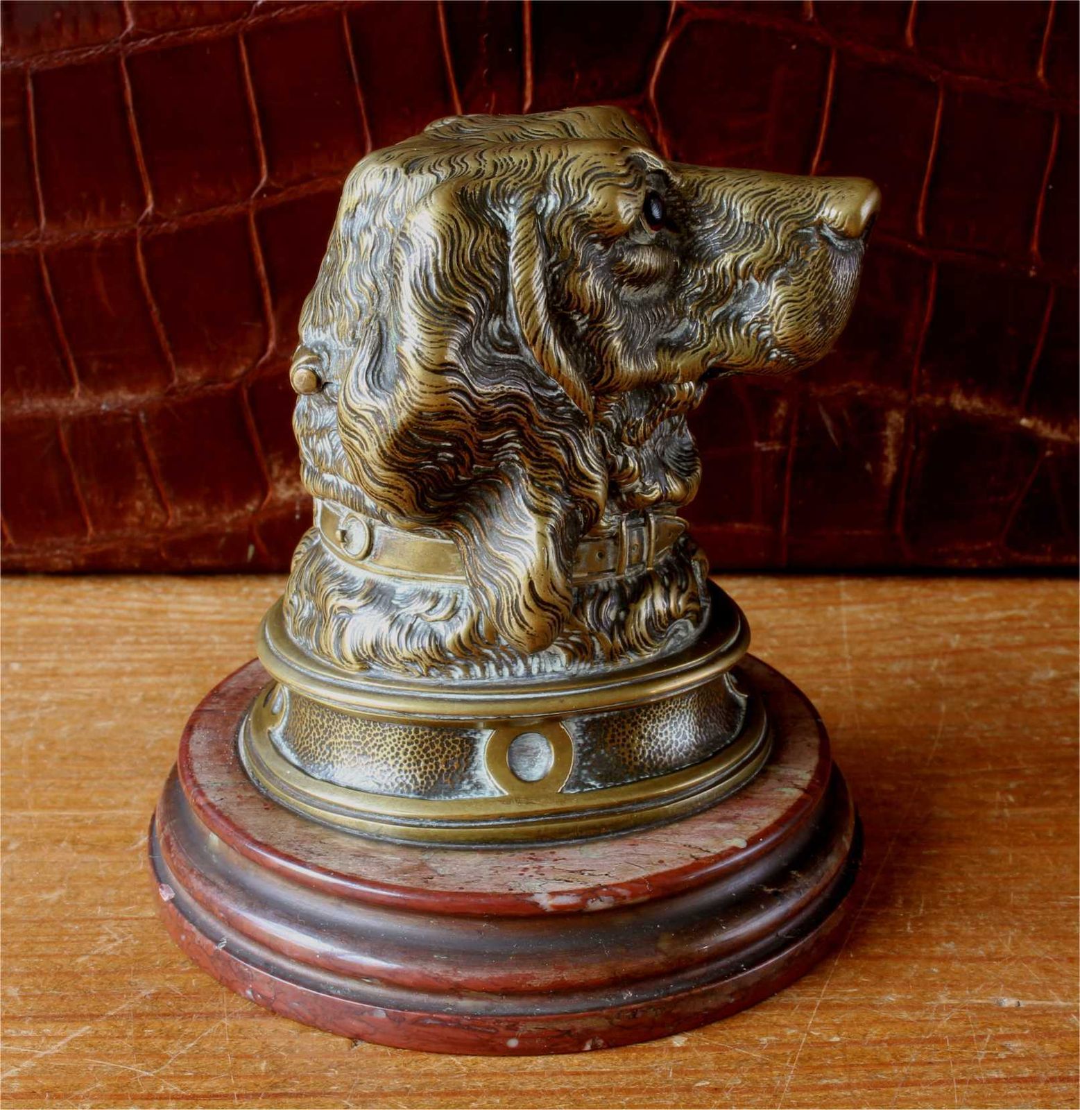 Victorian Brass Dog Inkwell. Marble Spaniel Ink Stand. Paperweight C1880. photo furniture