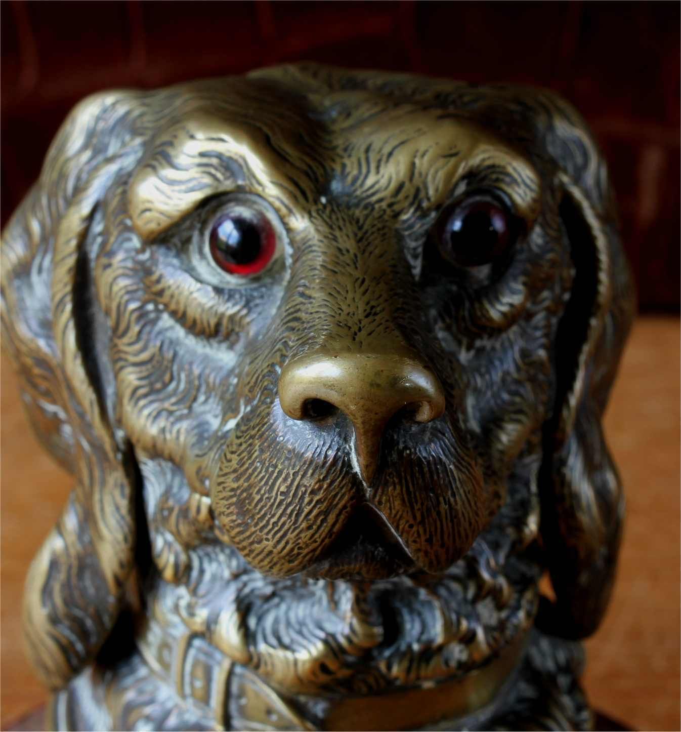Home Decor Victorian Brass Dog Inkwell. Marble Spaniel Ink Stand. Paperweight C1880. photo