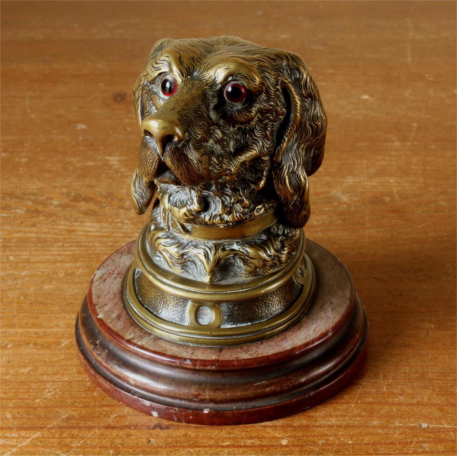 photo vinterior Victorian Brass Dog Inkwell. Marble Spaniel Ink Stand. Paperweight C1880.