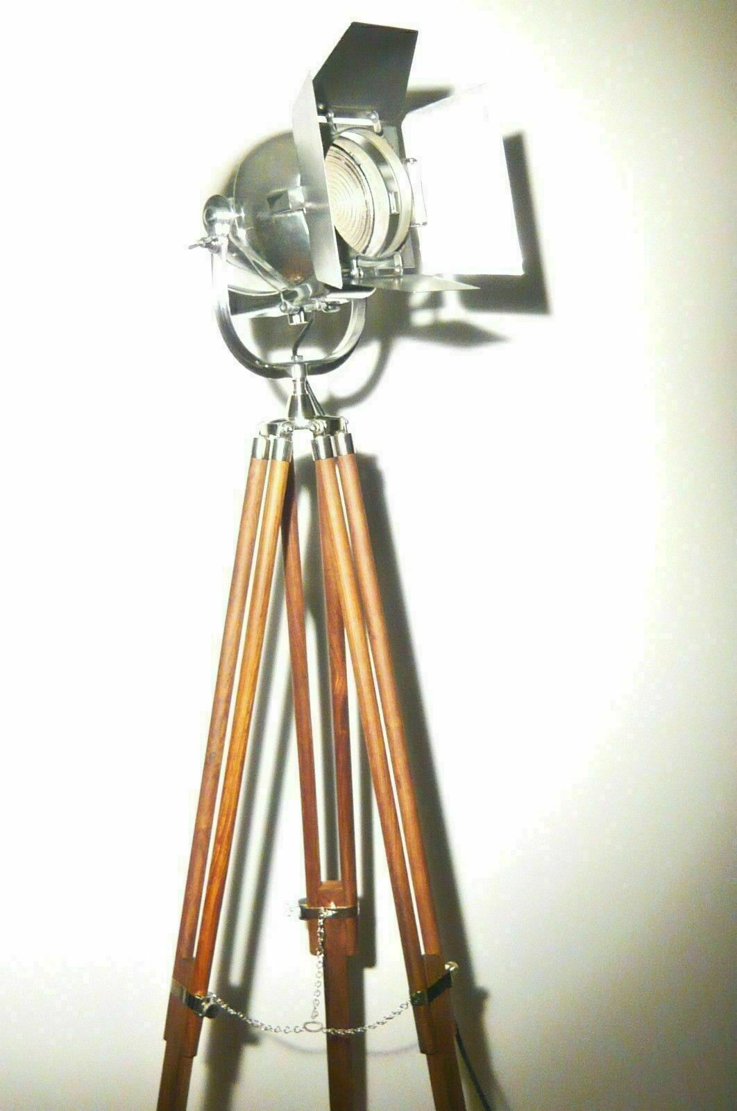 Vintage British Strand Patt 123 Industrial Theatre Spot Lamp Art Deco Film Floor Light Wood Movie Lantern Tripod 50's Cinema Mid Century Eames photo for sale