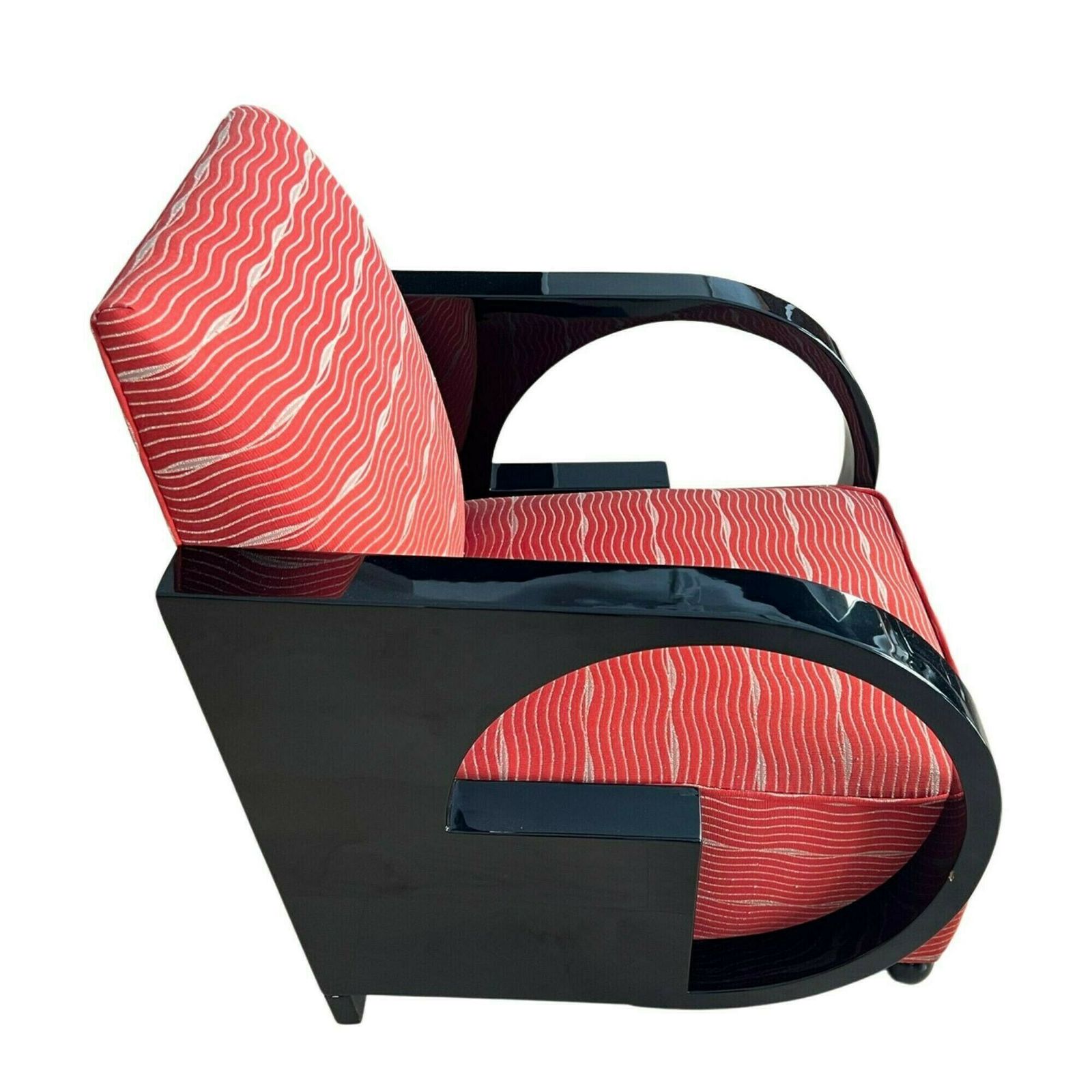 Art Deco Club Chair, Black Lacquer And Red Fabric, France Circa 1930