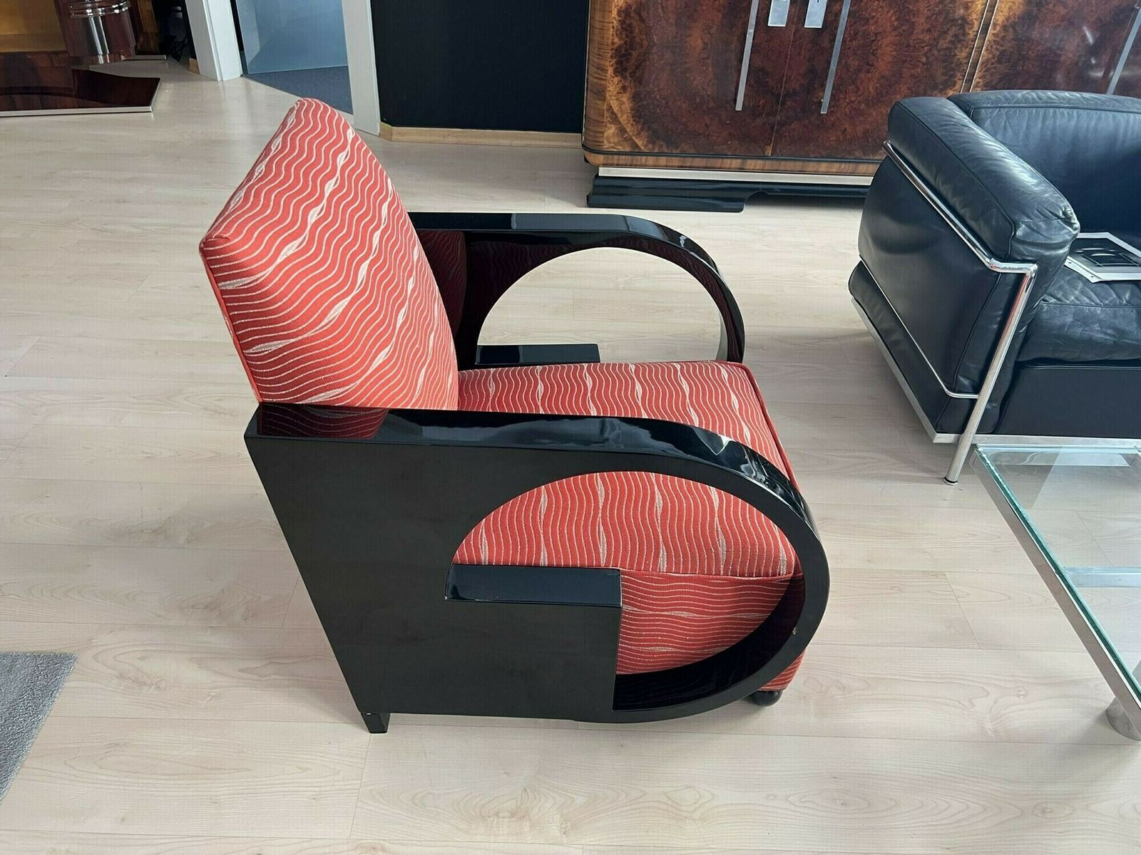 Art Deco Club Chair, Black Lacquer And Red Fabric, France Circa 1930 photo vinterior