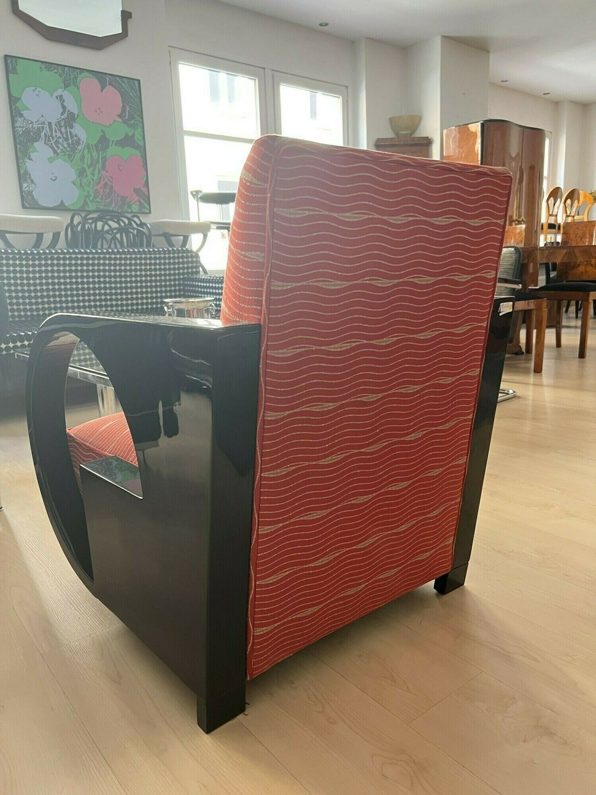 photo buy Art Deco Club Chair, Black Lacquer And Red Fabric, France Circa 1930