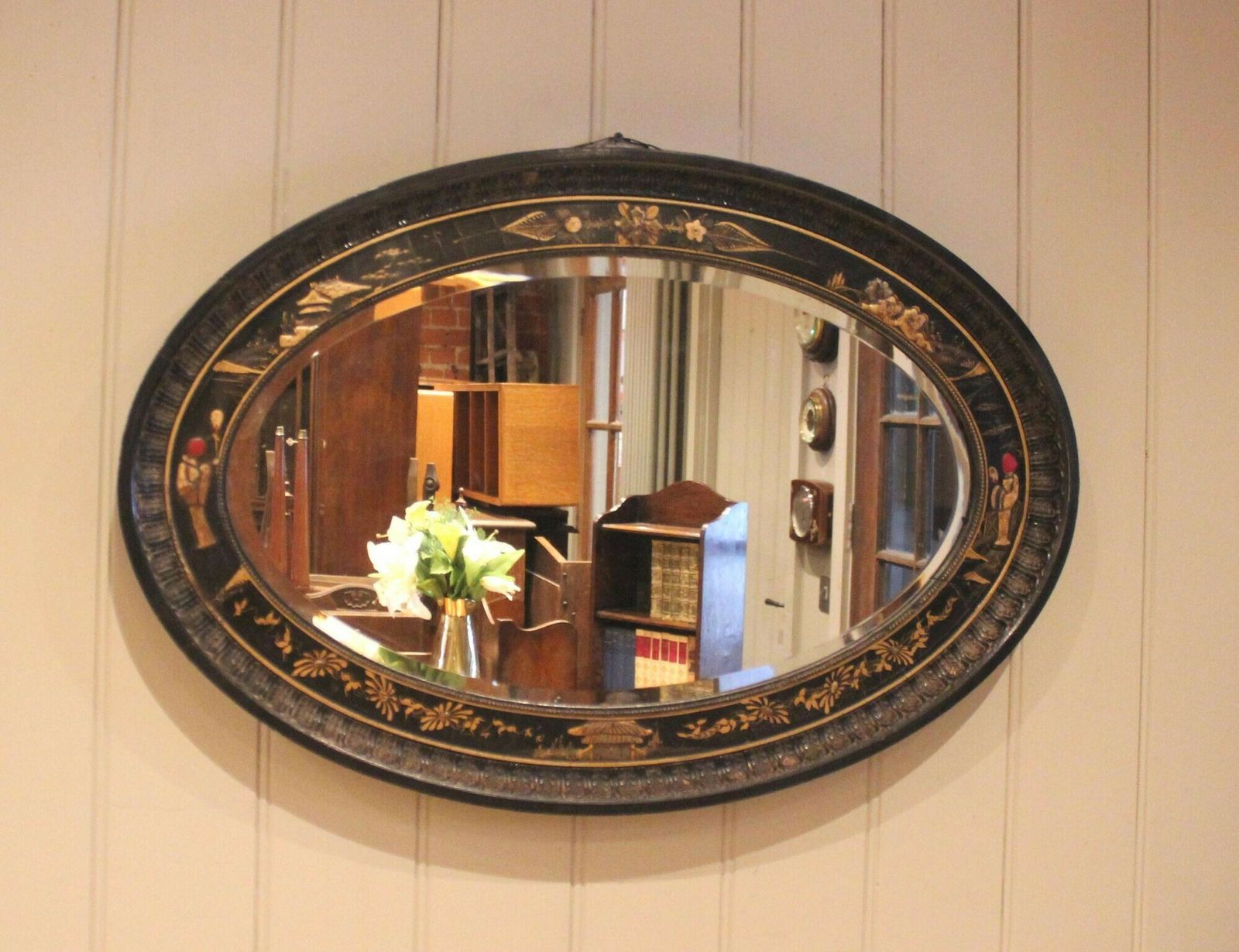 Oval Black Lacquered Wall Mirror photo vinterior