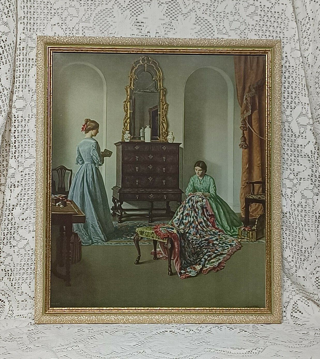 Large Mid Century Art Print The Patchwork Quilt After Leonard Campbell Taylor Framed. photo furniture