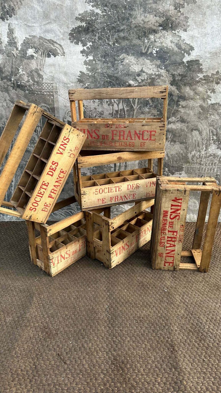 Vintage French “Vins De France” Wooden Wine Bottle Crate Carrier   10 Bottles photo furniture
