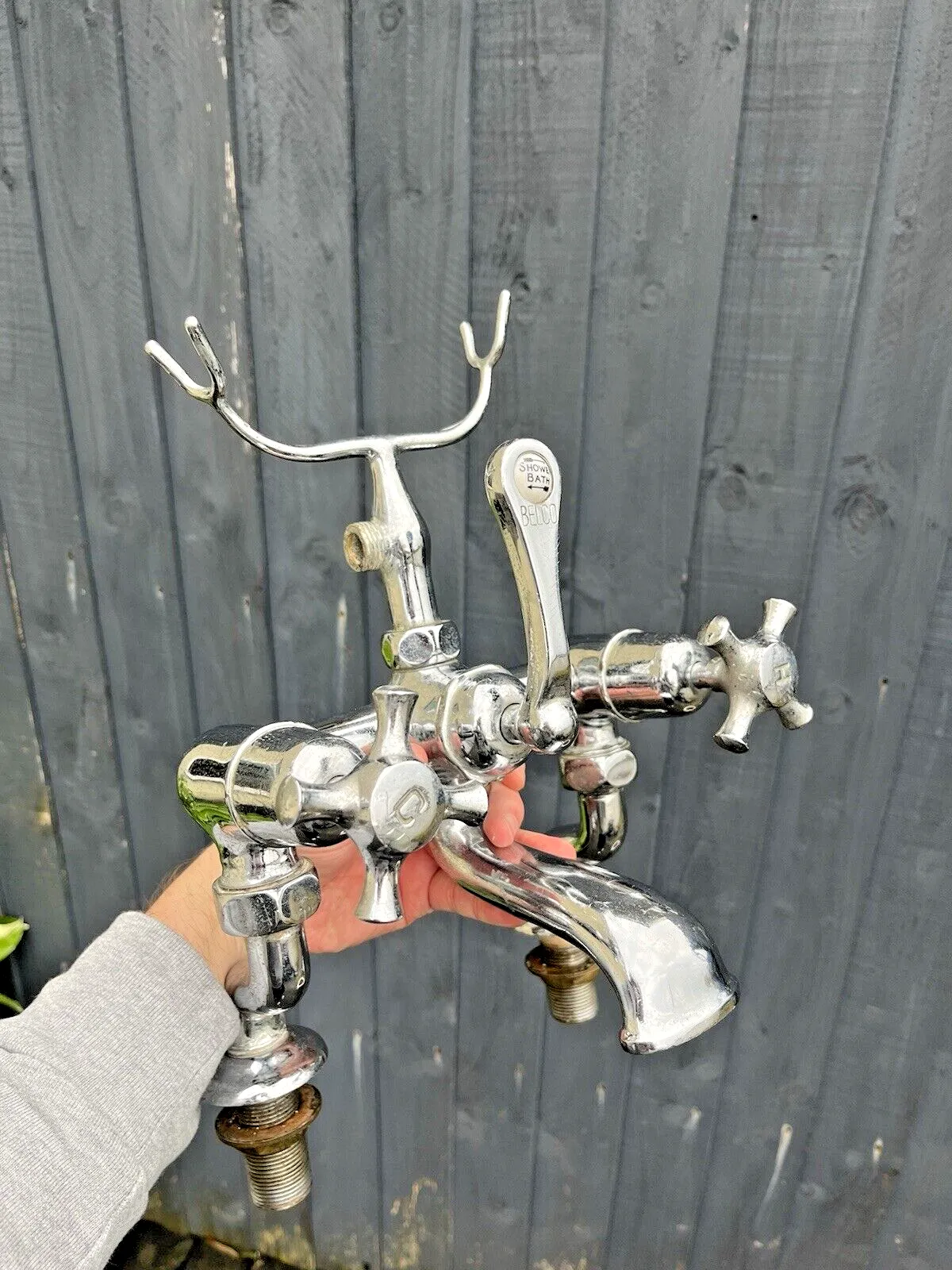 Rare Antique Belco Bath Shower Arm Hot & Cold Twin Mixer Dual Cross Handle Taps