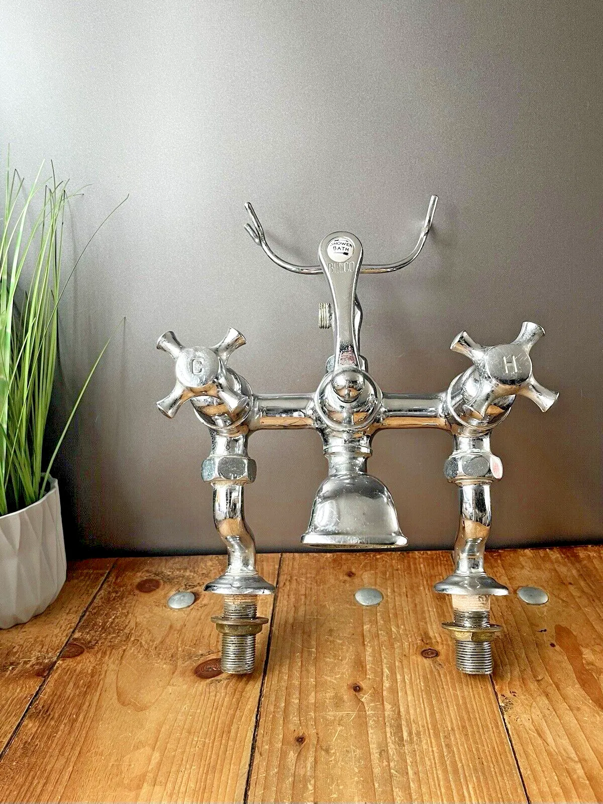 Rare Antique Belco Bath Shower Arm Hot & Cold Twin Mixer Dual Cross Handle Taps photo for sale