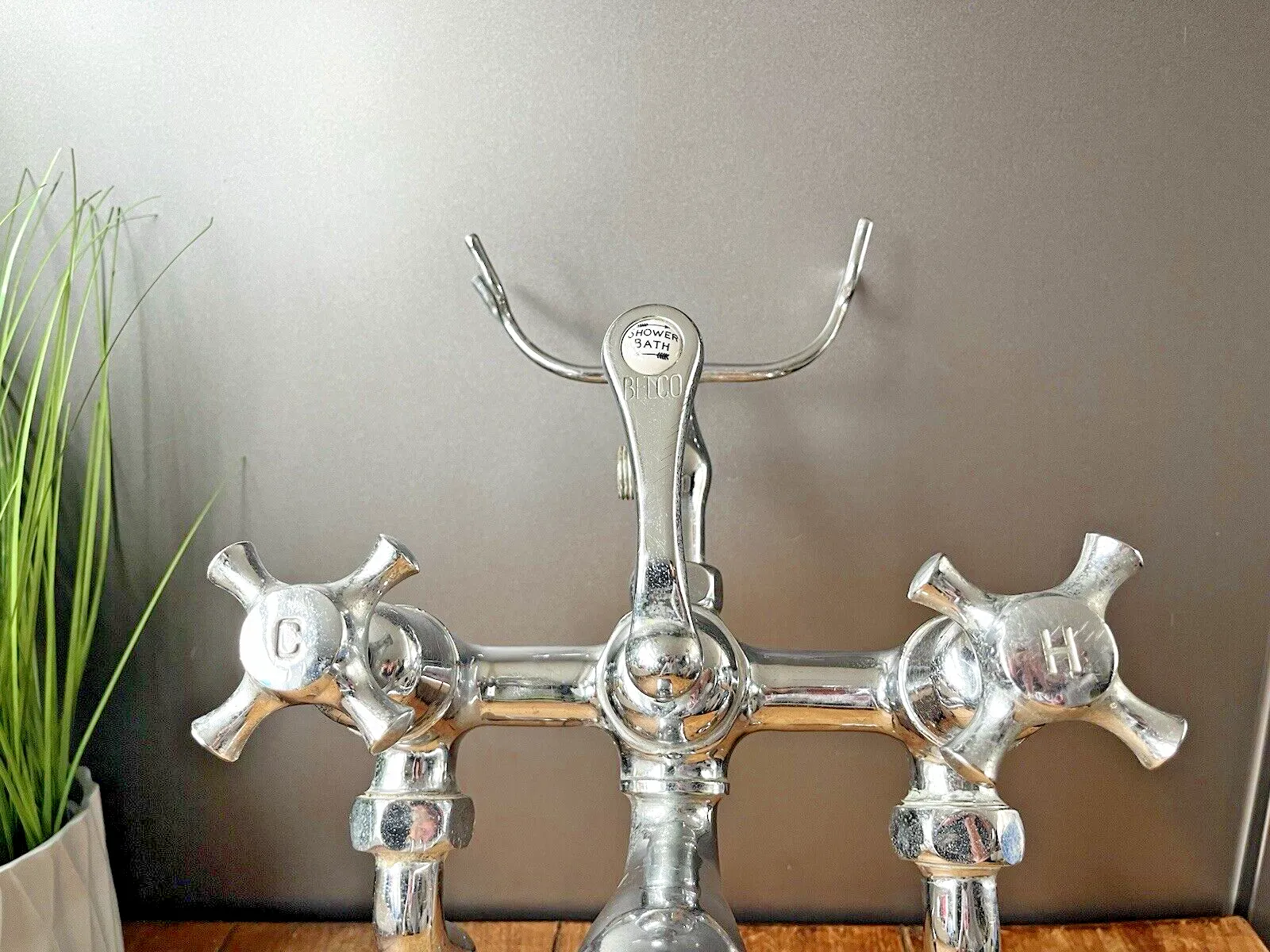 Rare Antique Belco Bath Shower Arm Hot & Cold Twin Mixer Dual Cross Handle Taps photo Home Decor