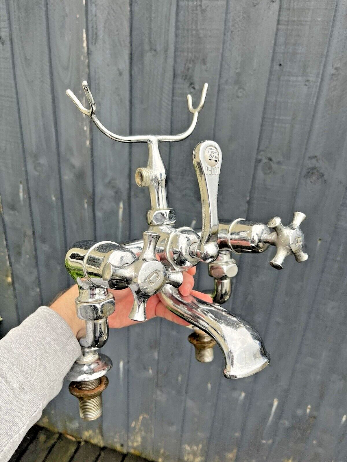 375.0 Rare Antique Belco Bath Shower Arm Hot & Cold Twin Mixer Dual Cross Handle Taps photo