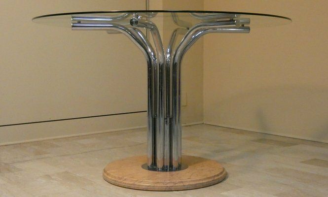 Chromed Steel Dining Table With Marble Base And Tempered Glass Top Attributed To Giotto Stoppino, Italy, 1970s photo furniture