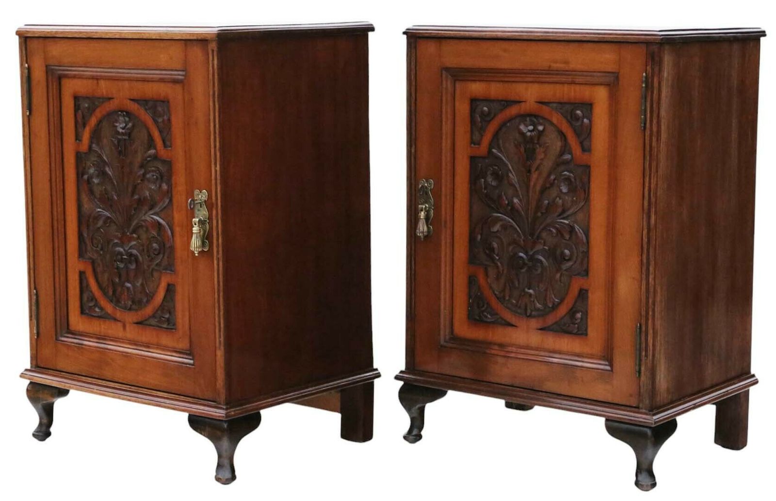 Pair Of Antique Carved Walnut Bedside Tables – Quality Vintage Cupboards Drawers photo furniture