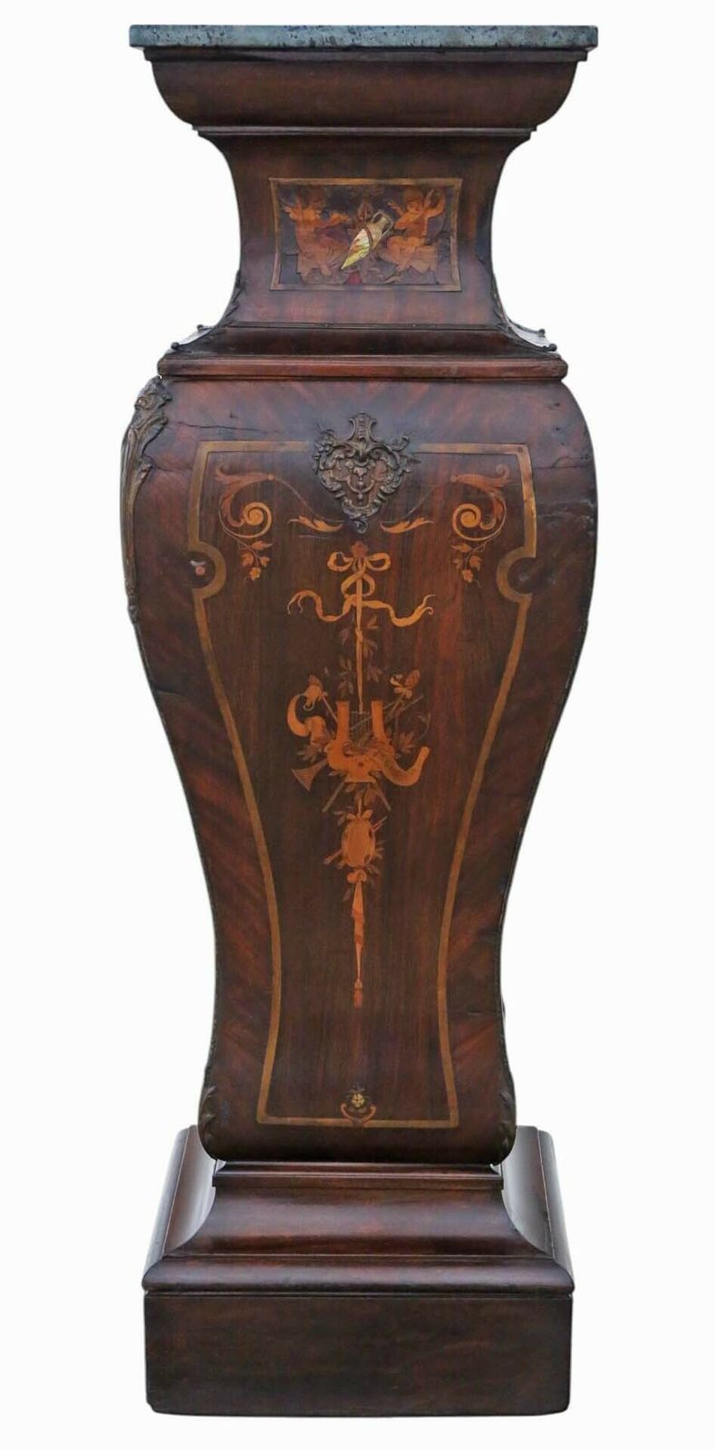 Antique Large 19th Century Neoclassical Jardiniere Statue Stand – Marquetry Pedestal Table With Ormolu Mounts And Marble Top photo for sale