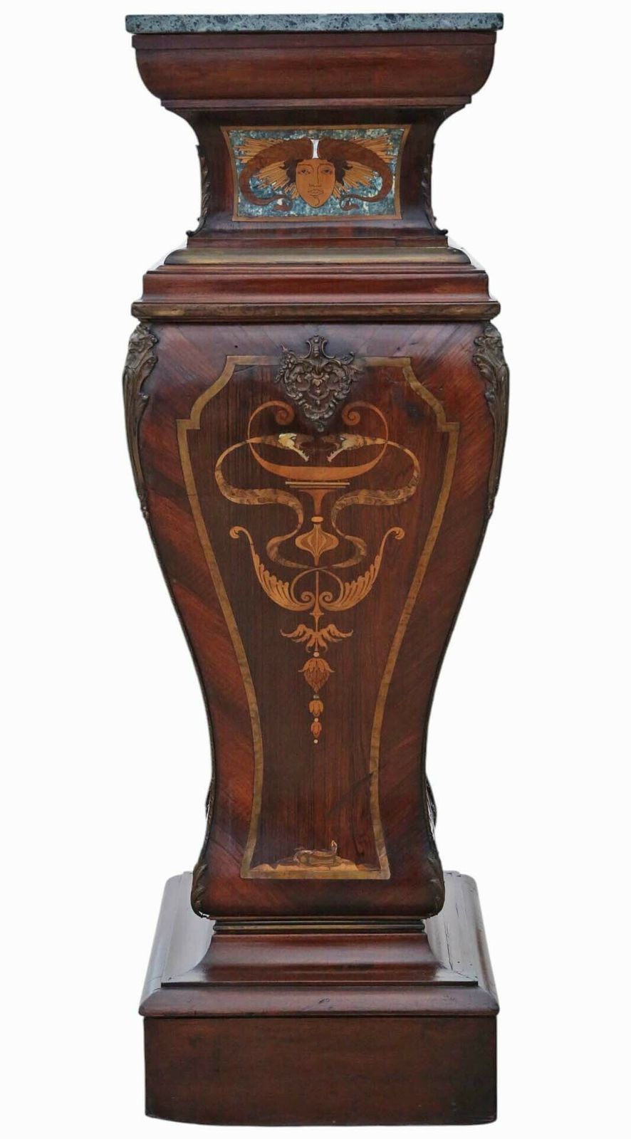 Antique 19th Century Large Neoclassical Jardiniere Statue Stand – Marquetry Pedestal Table With Ormolu Mounts And Marble Top photo furniture