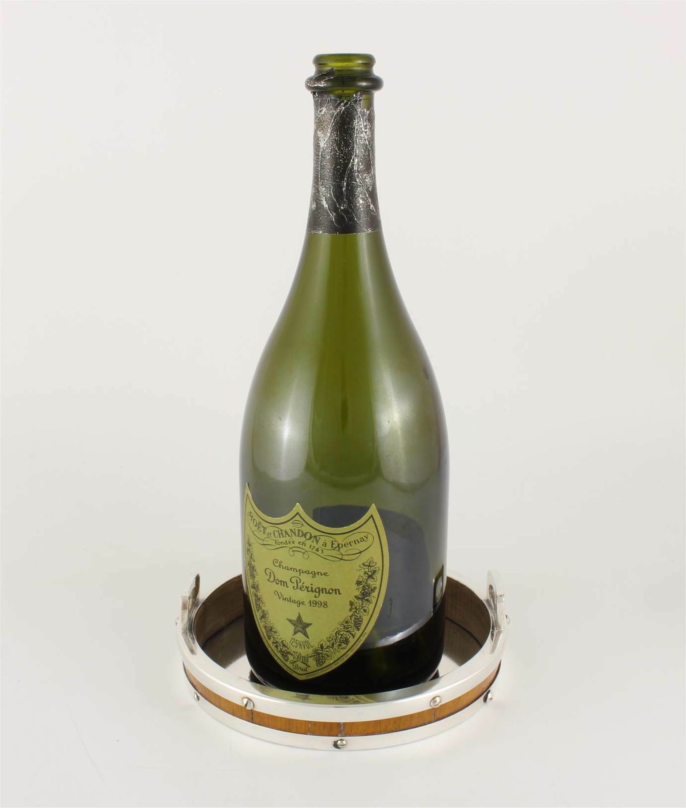 Large Silver Plate & Oak Bottle Coaster. Coopered Wine Champagne Holder. photo vinterior