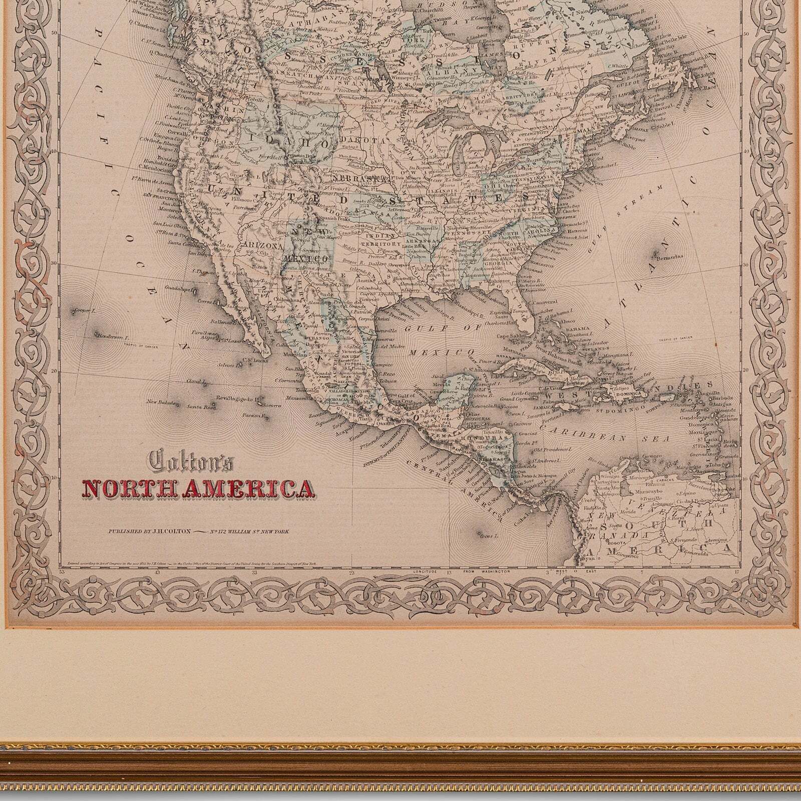 Antique North America Map, USA, Canada, Mexico, Cartography, Colton, Victorian photo vinterior