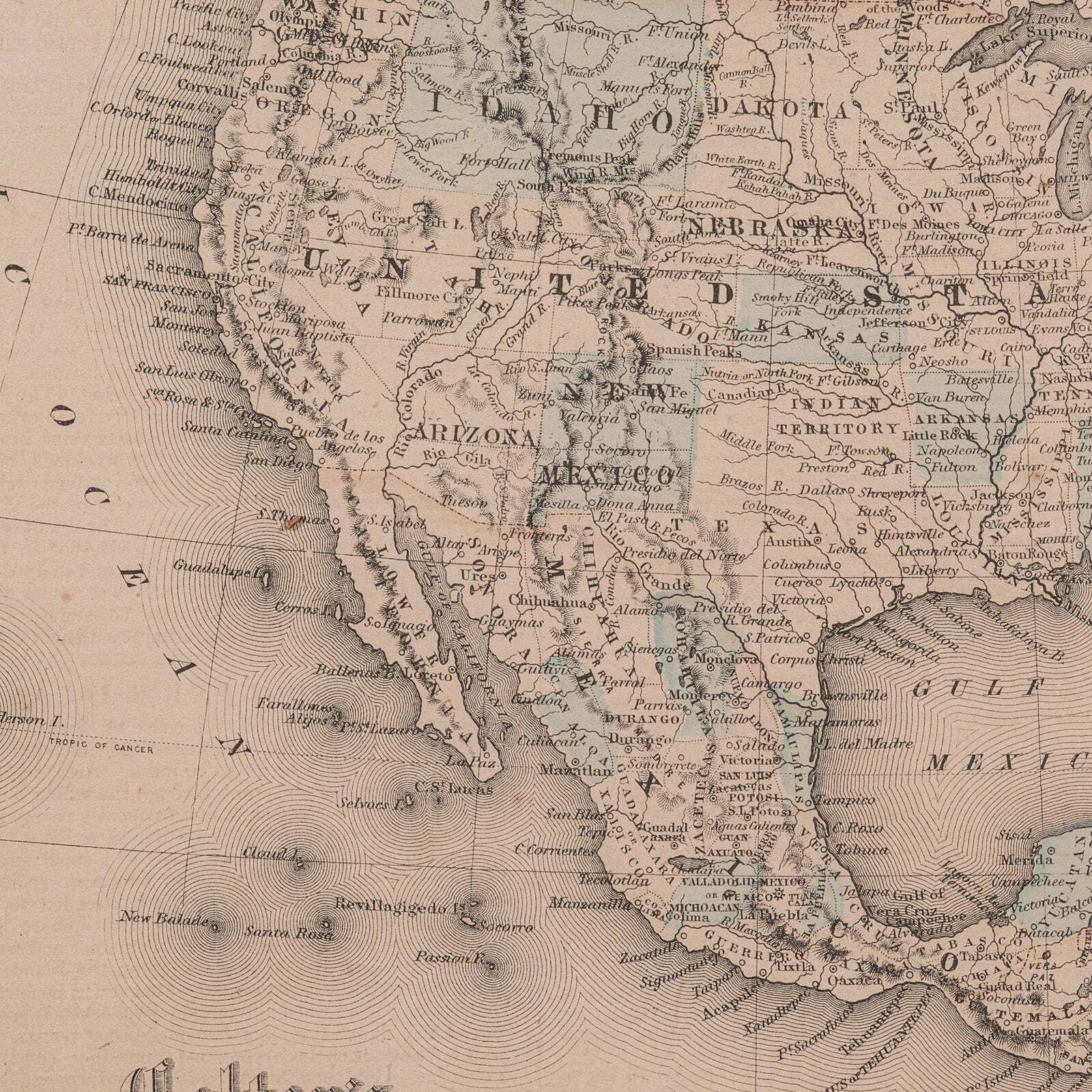 Art Antique North America Map, USA, Canada, Mexico, Cartography, Colton, Victorian photo