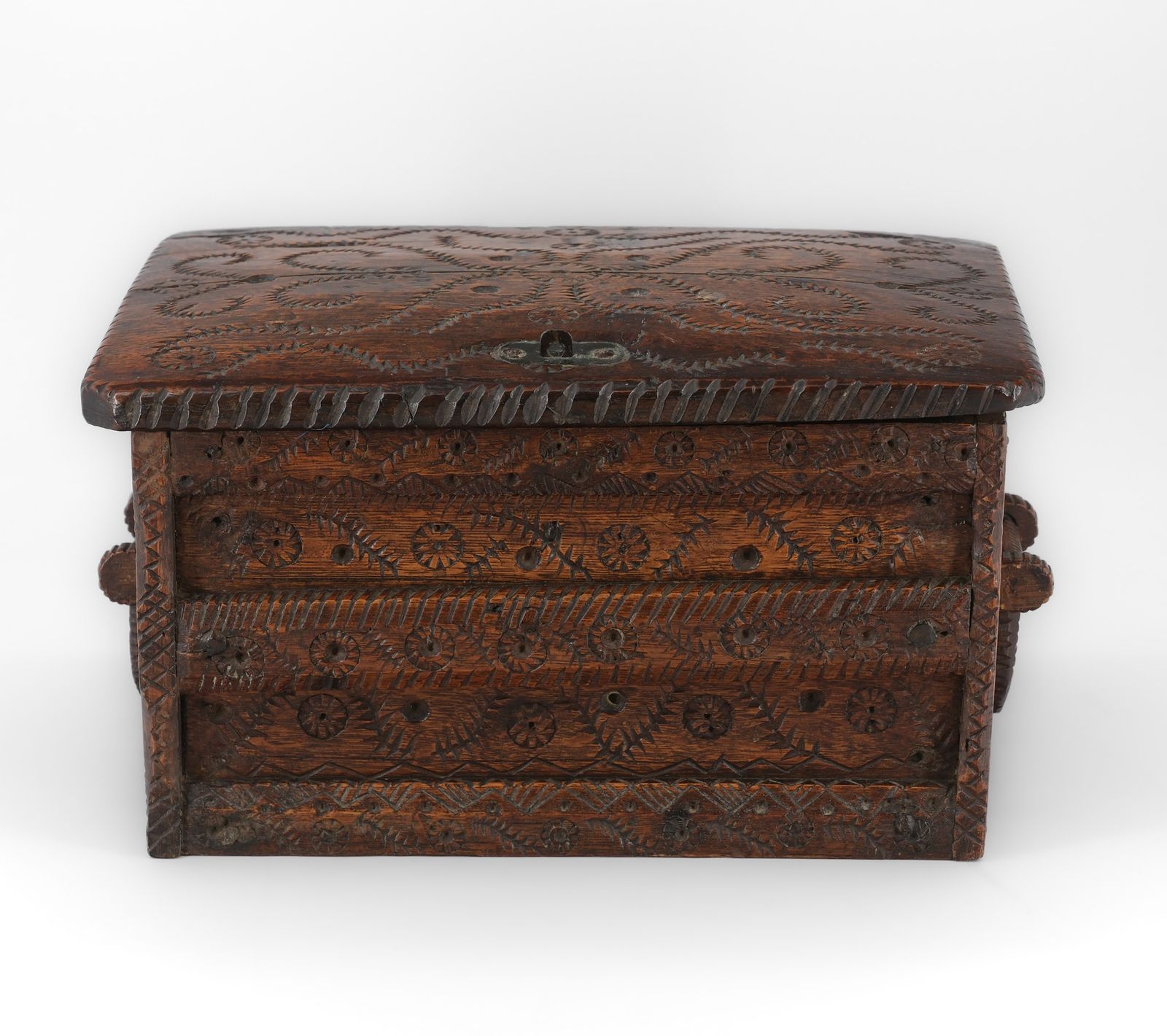 19th Century Scandinavian Folk Art Carved Oak Table Top Chest photo vinterior