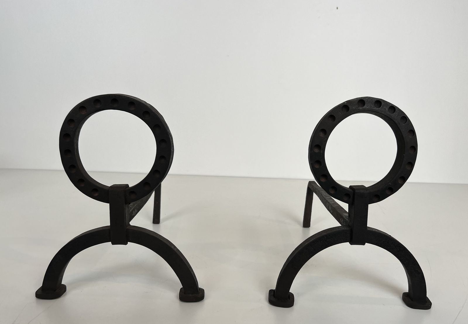 Pair Of Modernist Wrought Iron Andirons In The Style Of Jacques Adnet photo for sale