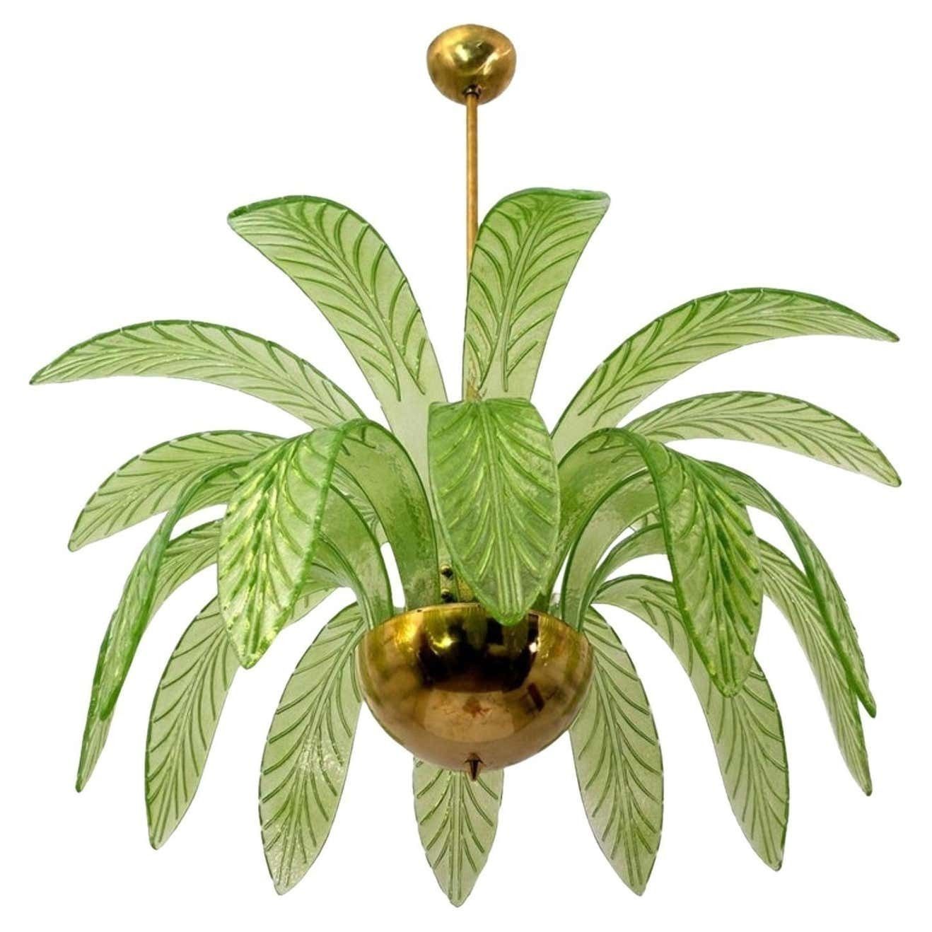Modern Palm Leaves Chandelier Murano Glass And Brass, 1970s