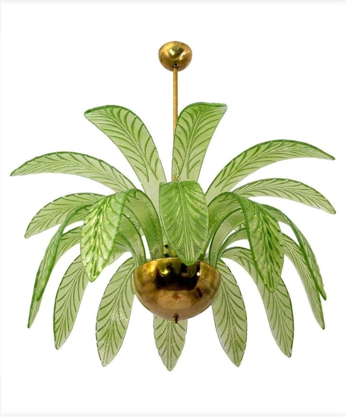 photo for sale Modern Palm Leaves Chandelier Murano Glass And Brass, 1970s