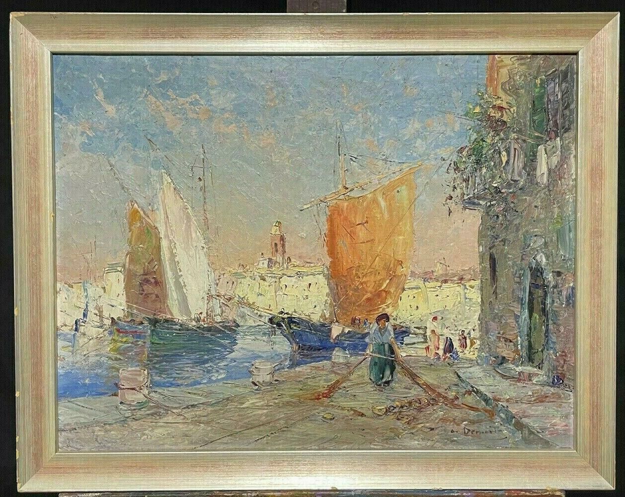 Unknownmid 20th Century French Post Impressionist Oil   St. Tropez Harbour Old Townmid Century