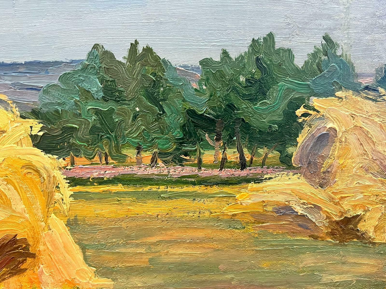 Suzanne Crochet1930's French Post Impressionist Oil Painting Harvest Fields Wheat Corn Stacksc. 1930's photo 713.0