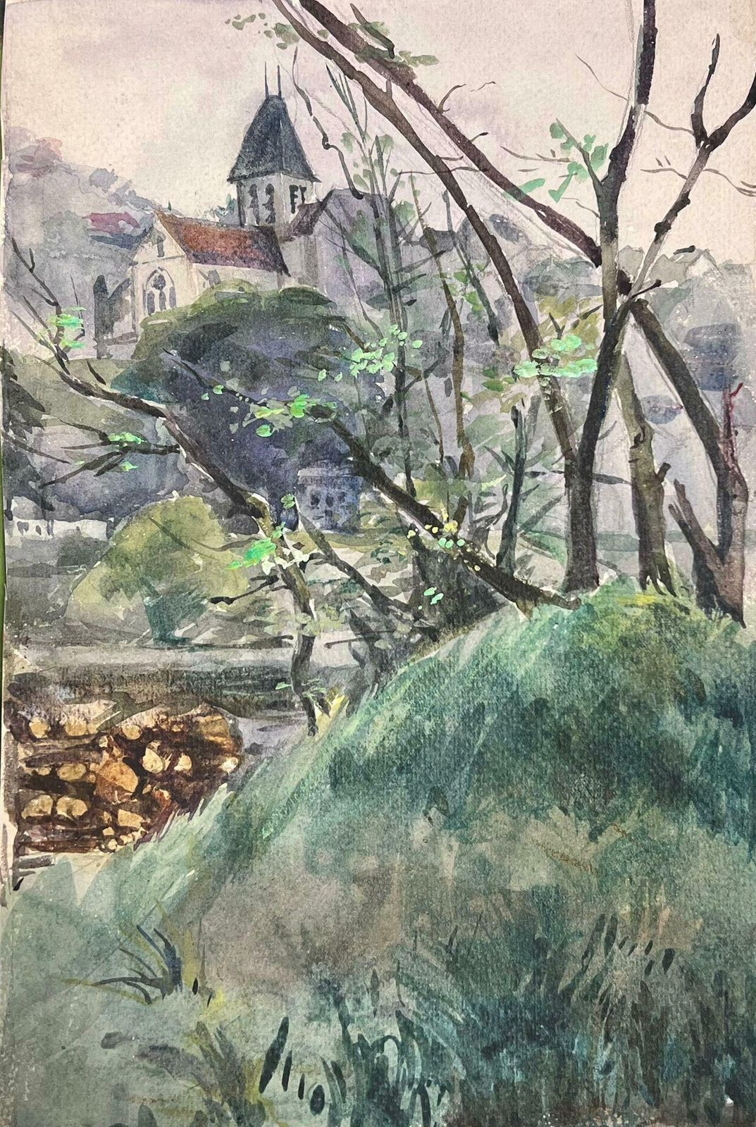 Louise Alix1930's French Bare Trees On Green Hill Landscape Along The River Bank1930's photo Art
