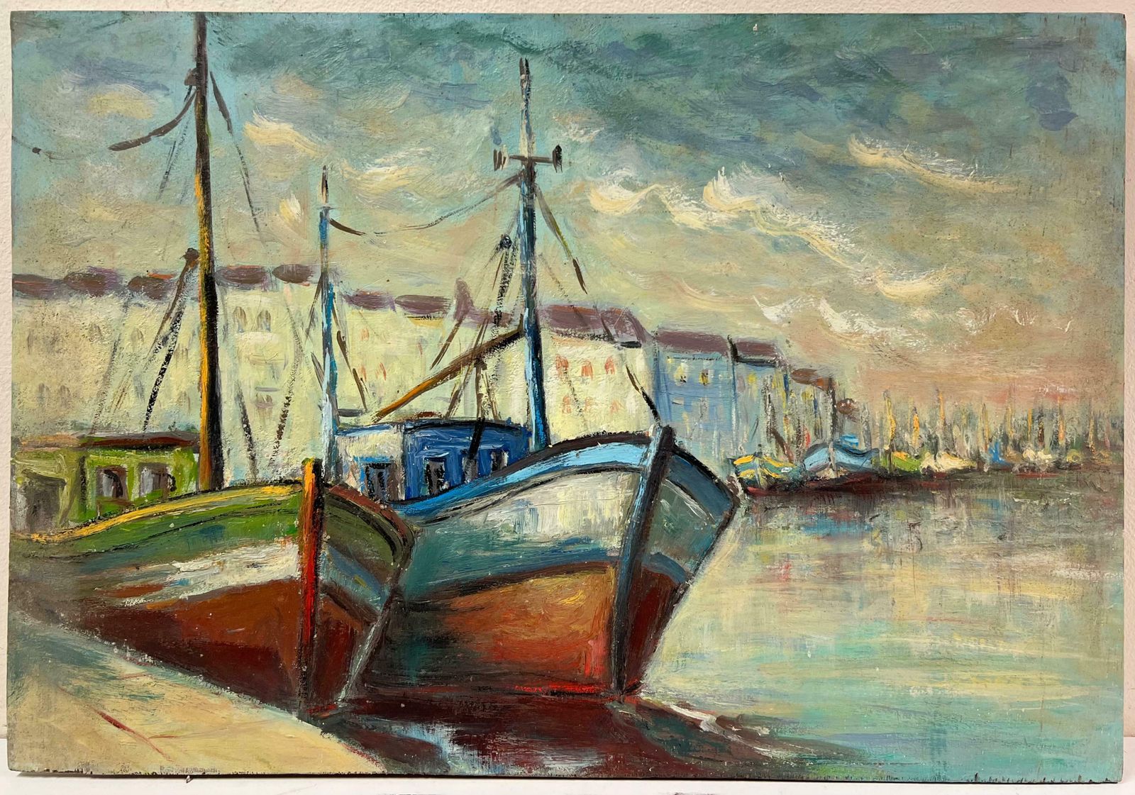 Fanch Lelharbor View With Bright Docked Fishing Boats Moody Coastal Scene Oil Painting20th Century photo furniture