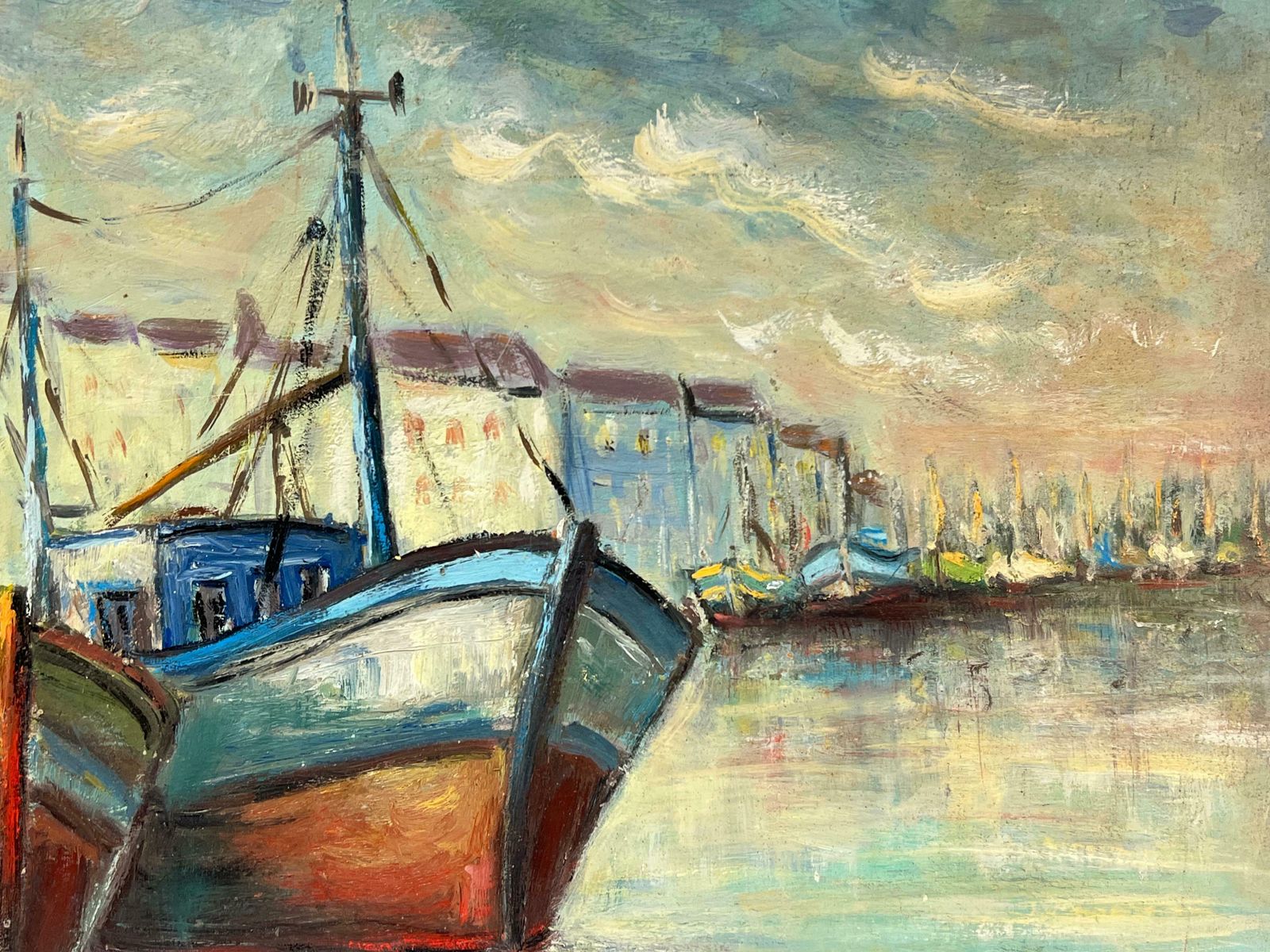 Fanch Lelharbor View With Bright Docked Fishing Boats Moody Coastal Scene Oil Painting20th Century photo for sale