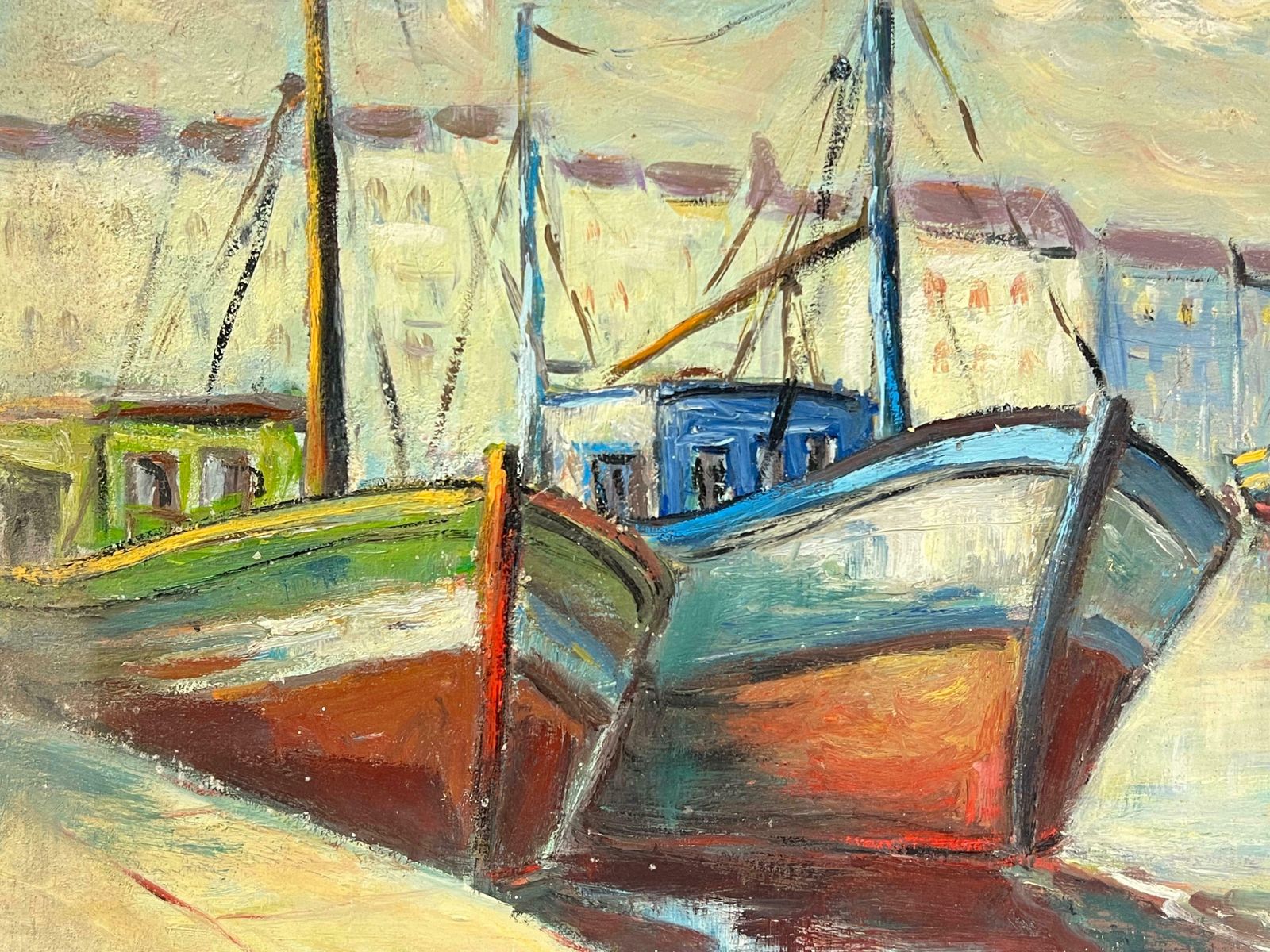 Fanch Lelharbor View With Bright Docked Fishing Boats Moody Coastal Scene Oil Painting20th Century photo 769.0