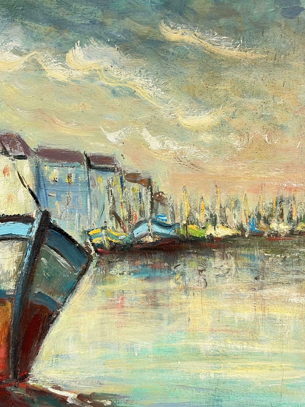 Fanch Lelharbor View With Bright Docked Fishing Boats Moody Coastal Scene Oil Painting20th Century photo vinterior
