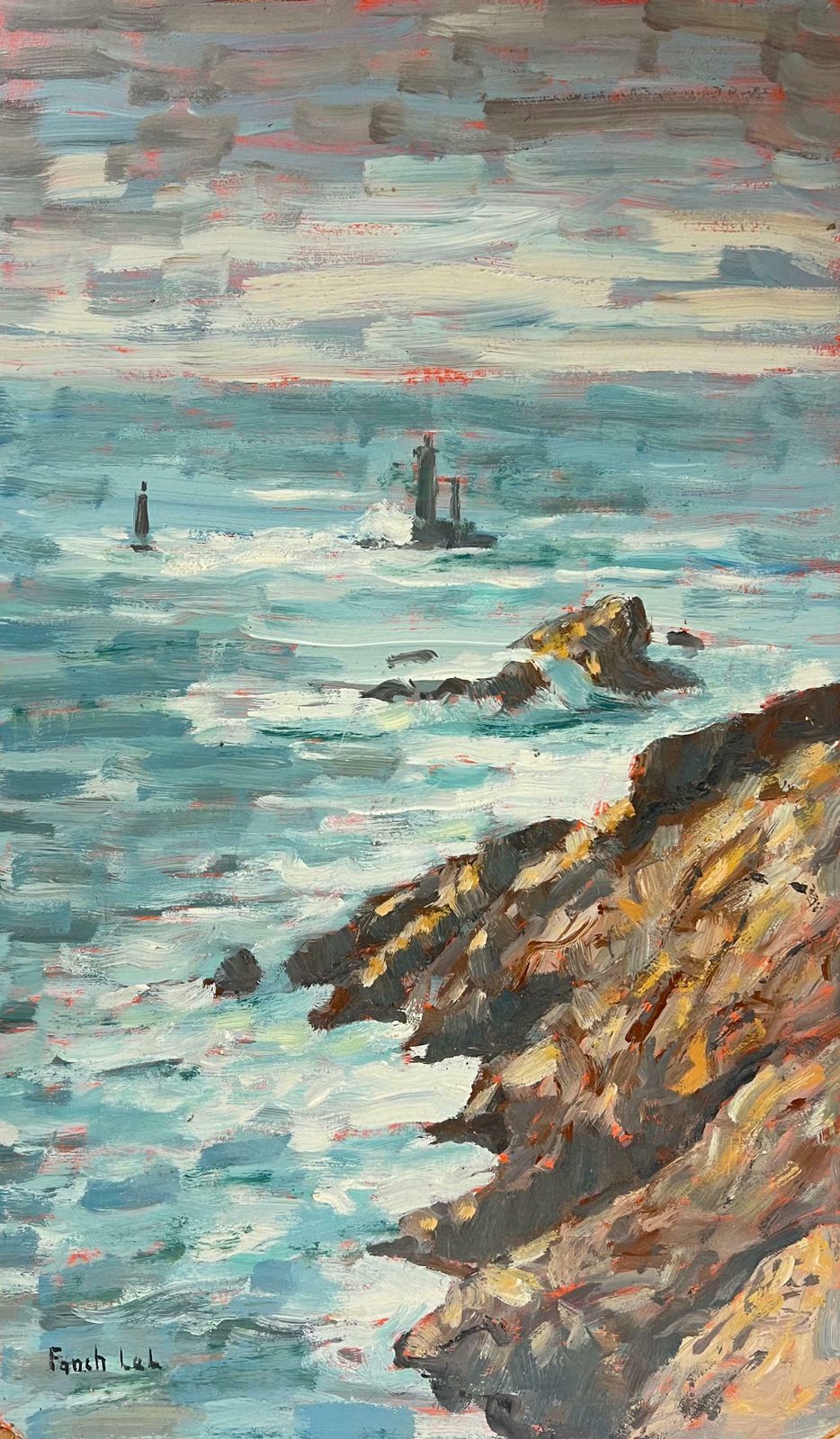 Fanch Lelcrashing Waves And Rocky Shoreline Coastal Landscape La Vielle Brittany France 20th Century