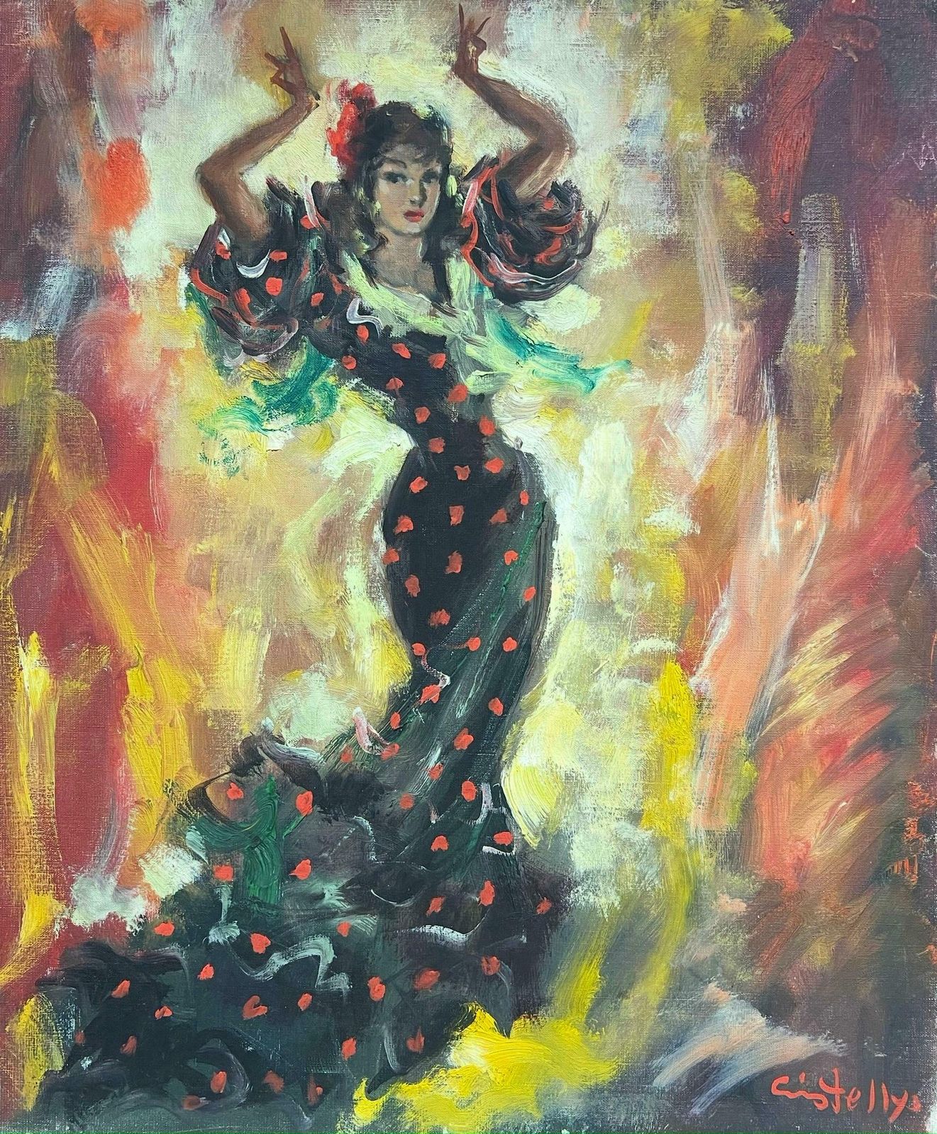 Unknown‘Rita’ Spanish Flamenco Dancer In Fiery Motion Vibrant Signed Oil Painting C.1960's