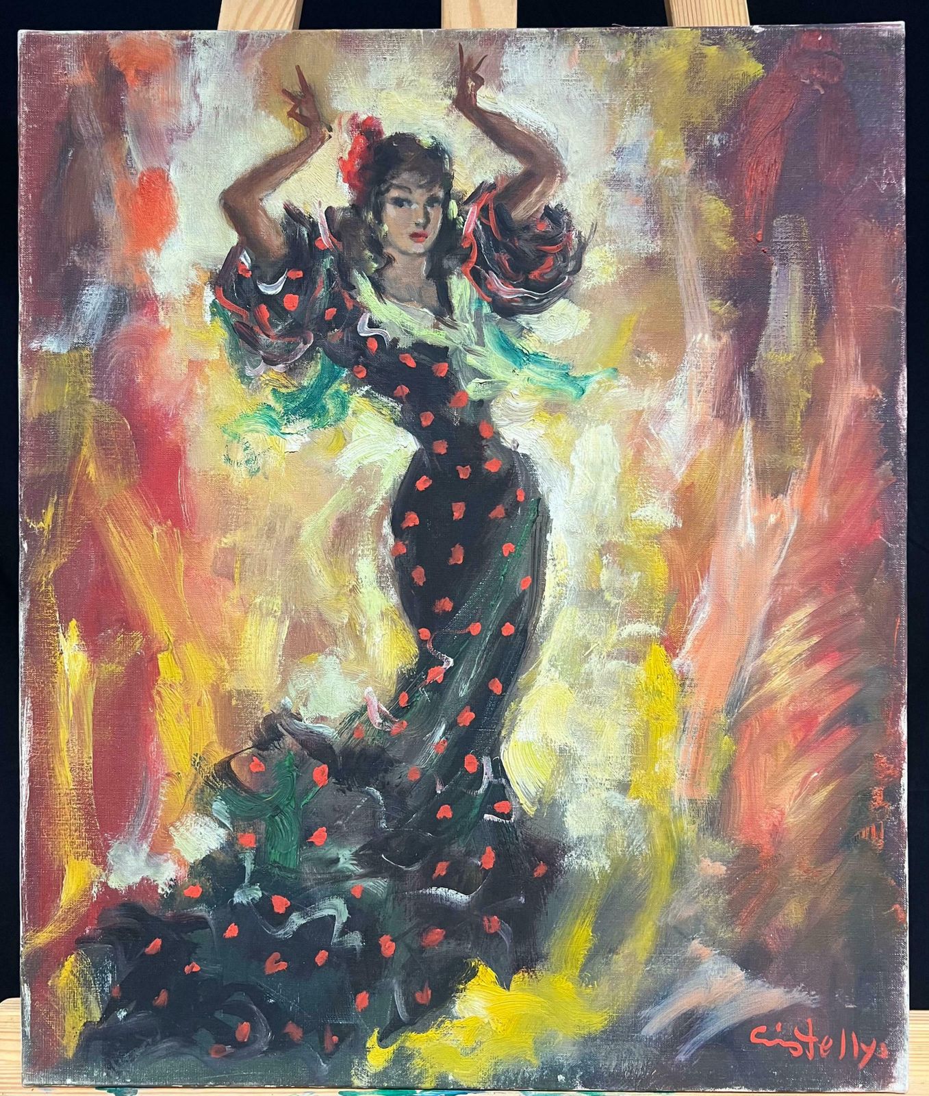 Unknown‘Rita’ Spanish Flamenco Dancer In Fiery Motion Vibrant Signed Oil Painting C.1960's photo furniture