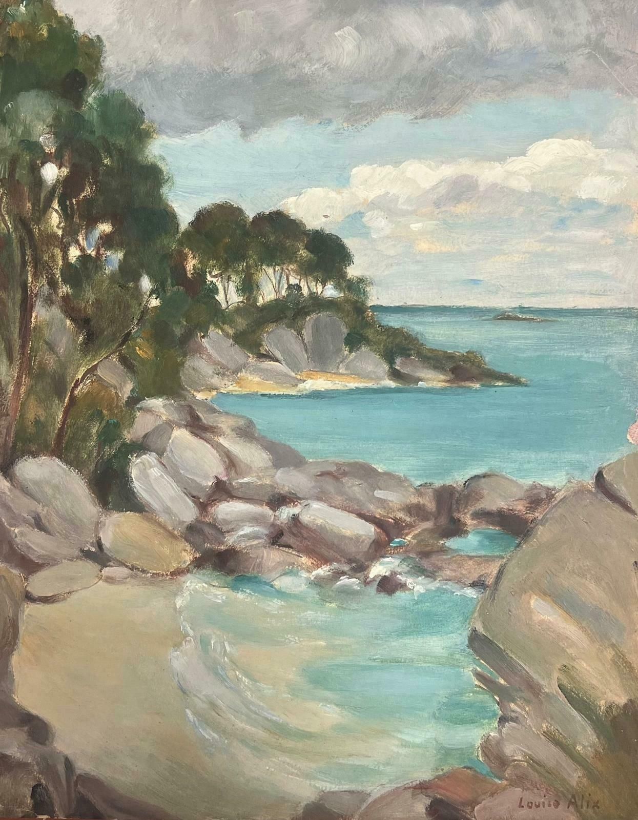 Louise Alix1930's French Oil Painting Clear Sea Rocky Beach Bay Landscape1930's