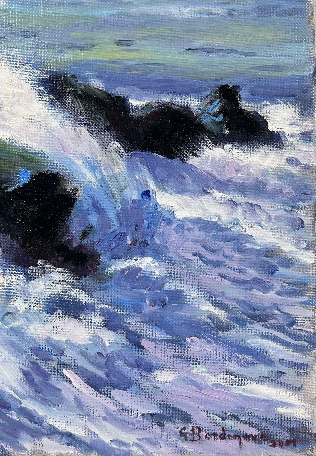Georges Bordonovepurple Crashing Waves Against Green Rocks Contemporary French Impressionist Oil photo furniture