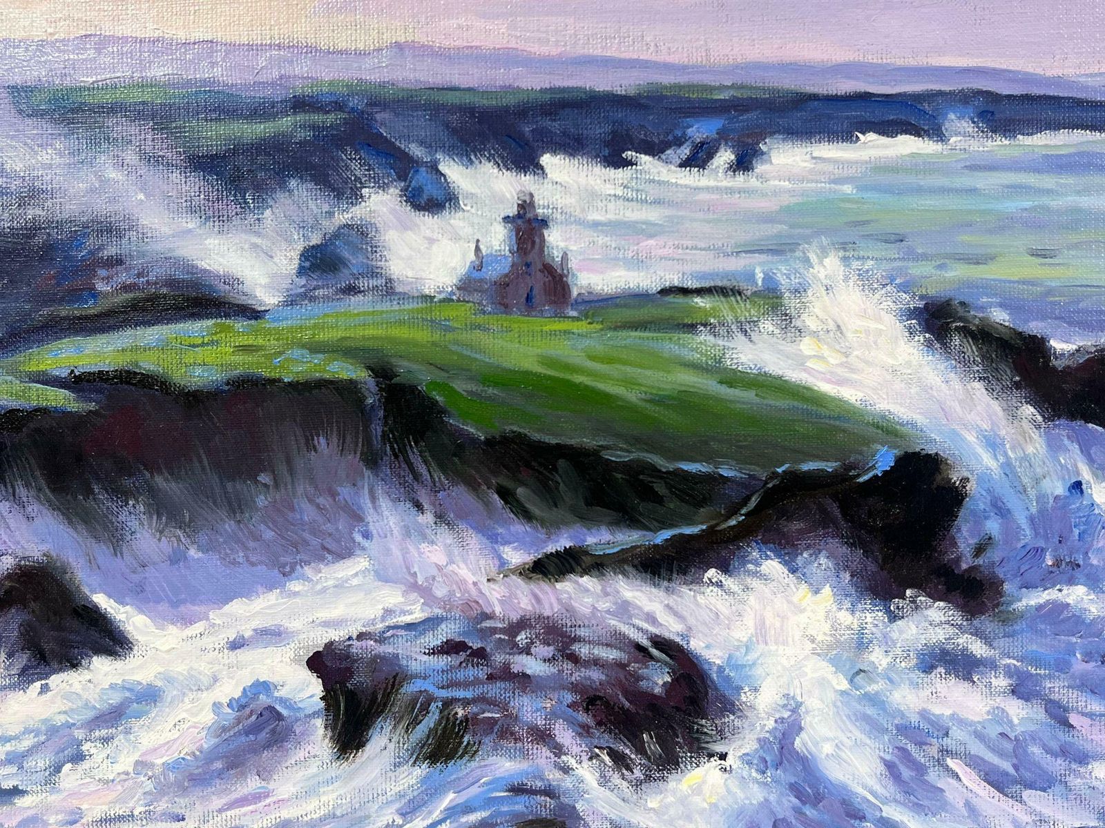 Georges Bordonovepurple Crashing Waves Against Green Rocks Contemporary French Impressionist Oil photo for sale