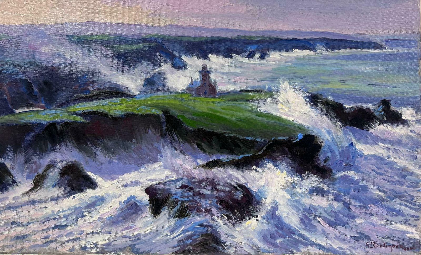 Georges Bordonovepurple Crashing Waves Against Green Rocks Contemporary French Impressionist Oil photo Art