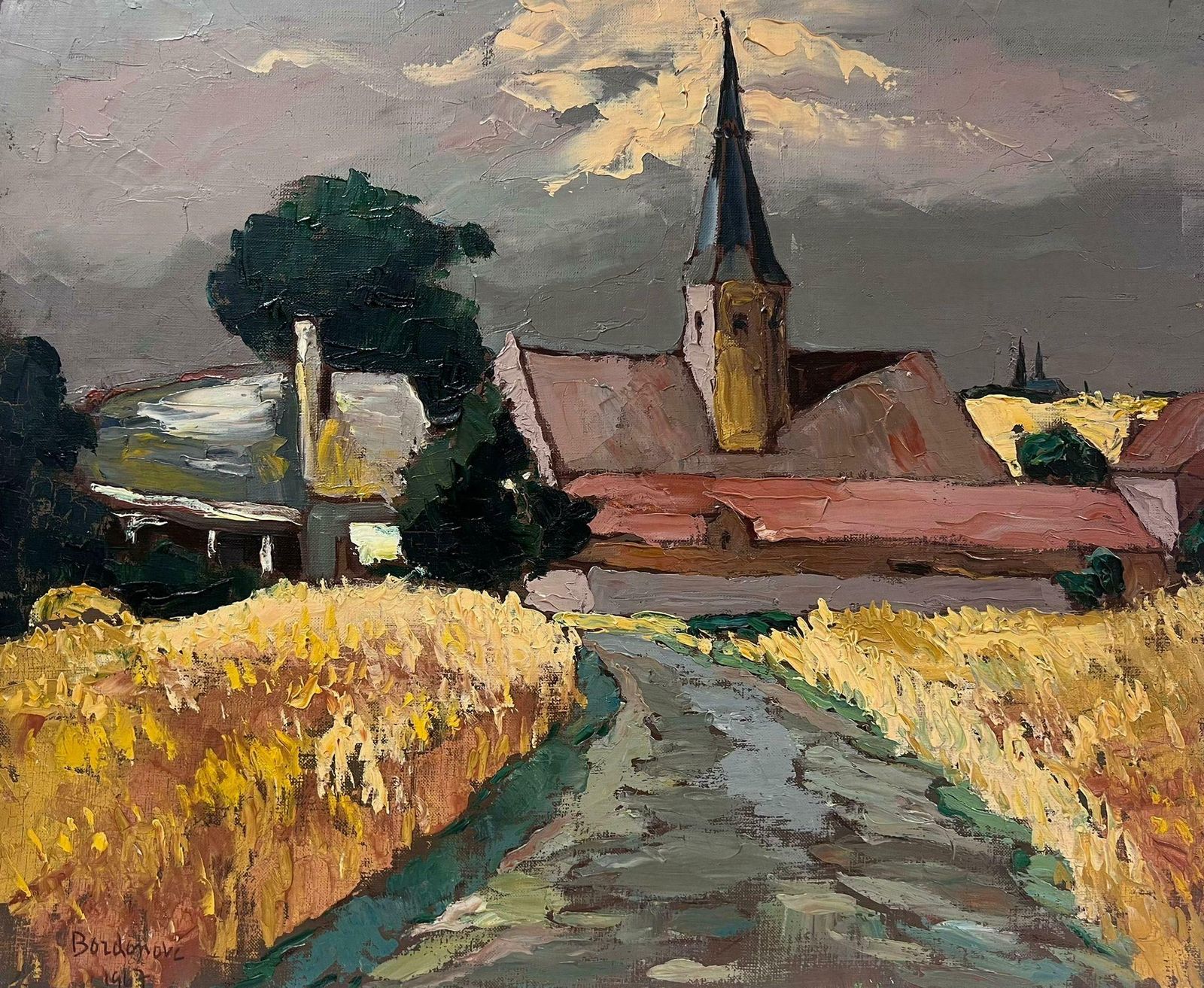Georges Bordonovecontemporary French Impressionist Oil Church At The End Of The Corn Fields
