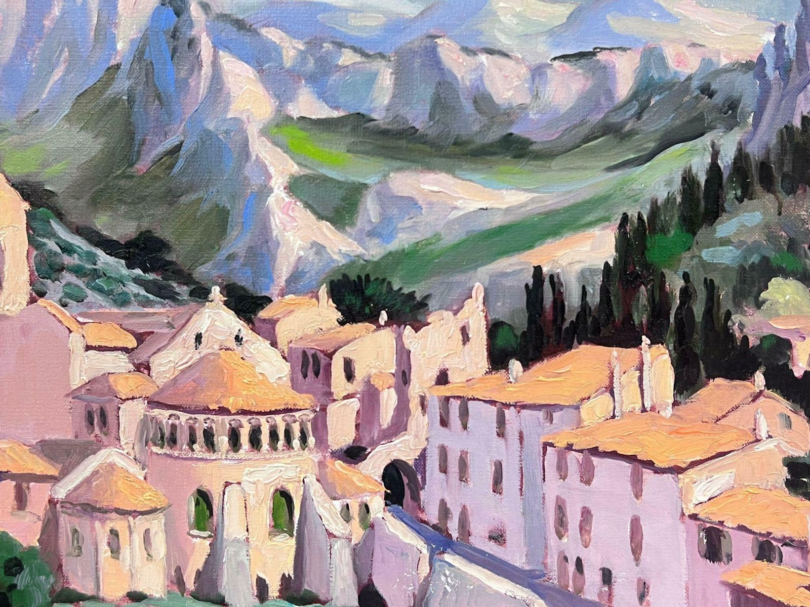Georges Bordonovepink French Town Hidden In The Mountains Contemporary Impressionist Oil photo 822.0