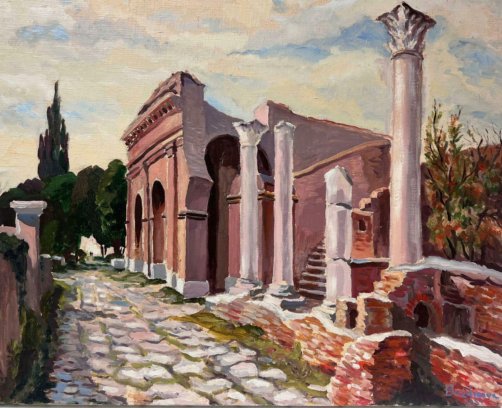 Georges Bordonovepink Stone Pillar Building Ruins Contemporary French Impressionist Oil photo furniture