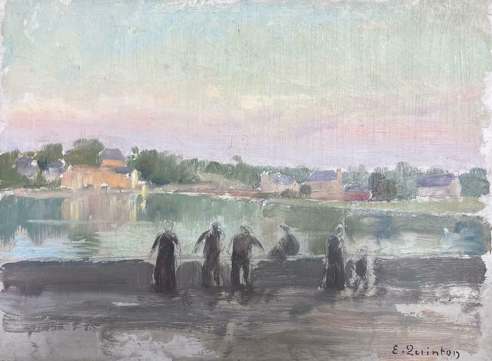 Edmond Quintonatmospheric River With Figures 1920's French Impressionist Signed Oil Painting 1930's