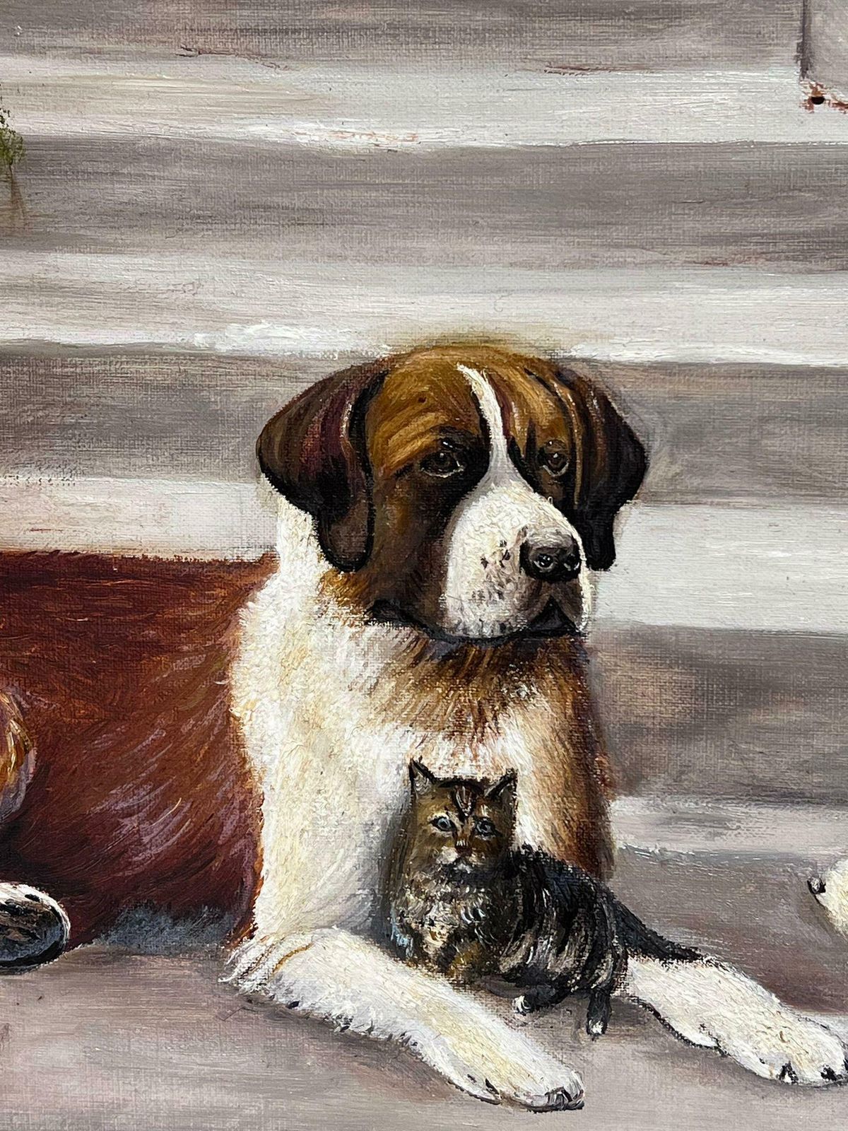 English 1920'slarge Antique English Dog Oil Painting With Kitten Signed & Dated 1927 Framed1927 photo for sale