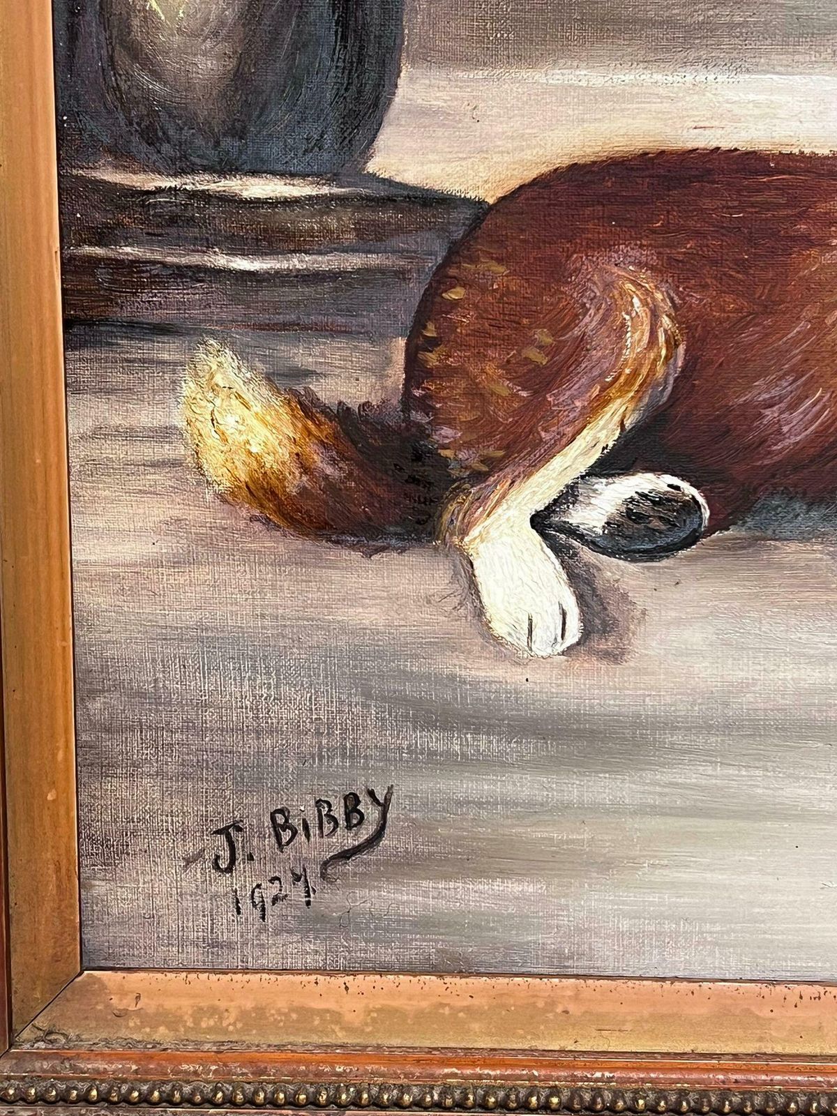 English 1920'slarge Antique English Dog Oil Painting With Kitten Signed & Dated 1927 Framed1927 photo 2206.0
