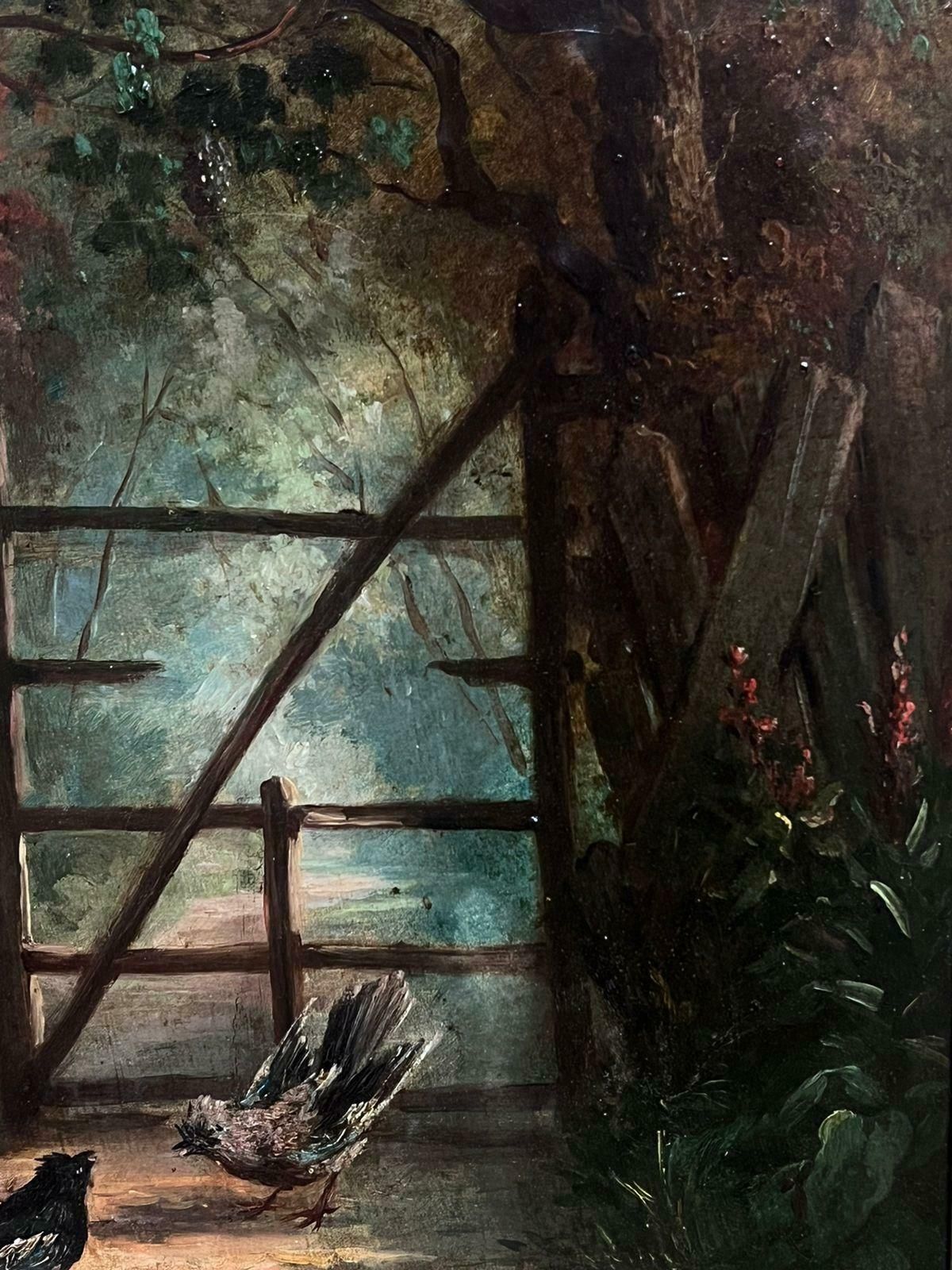French Schoolantique 19th Century French Oil Painting Birds In Country Lane Wooded Landscape photo for sale