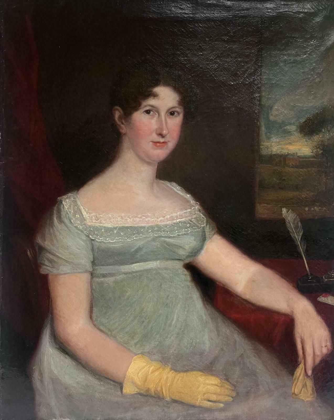 English Georgianfine 1820's English Georgian Large Portrait Of A Country Lady Seated With Quill 1820's
