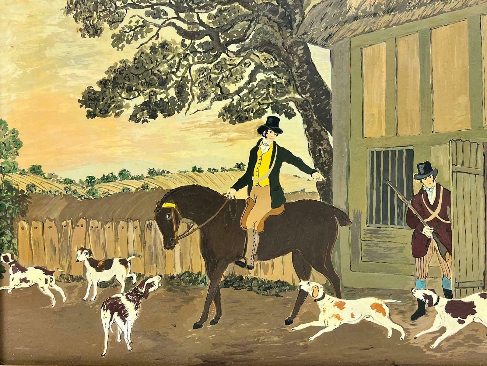 Folk Art Naive English Oil Painting Country Gentleman On Horseback With Hounds